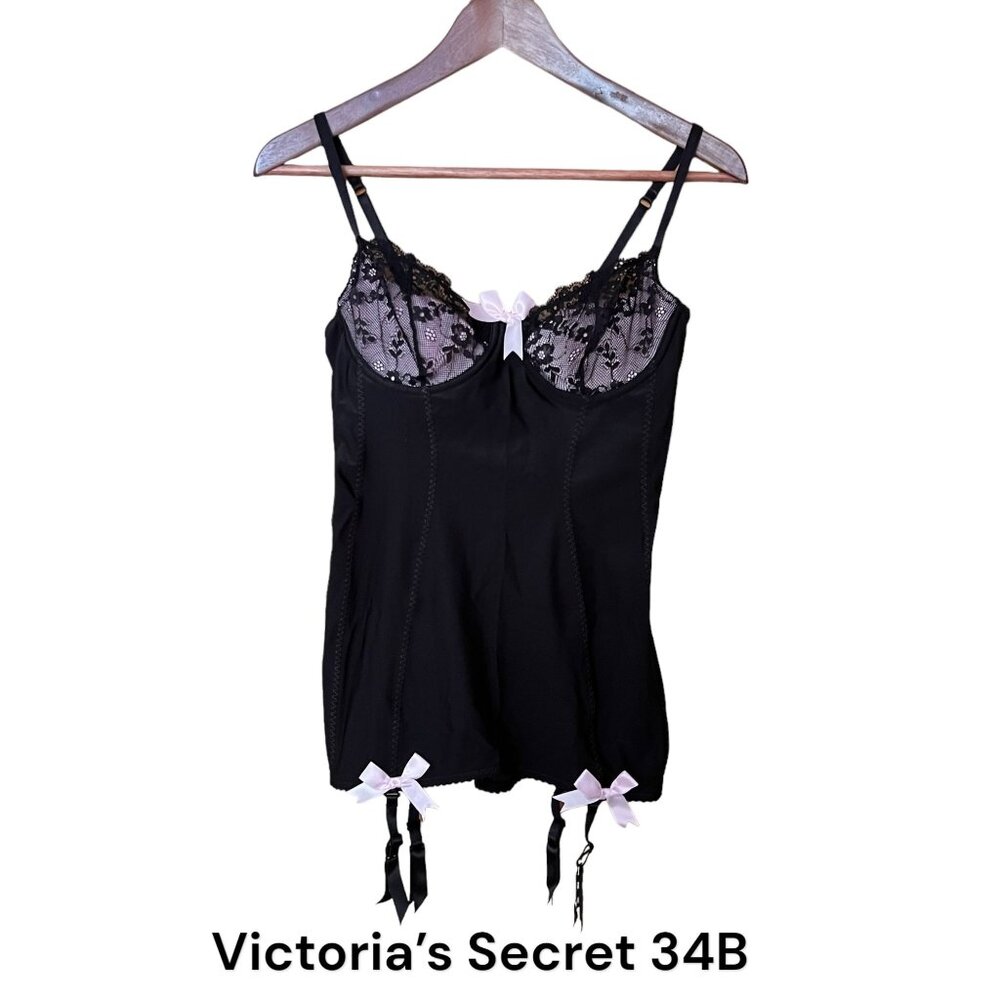 NWT Victoria's Secret Black Lace Bustier 34B Pink Bows Garters Adjustabl…